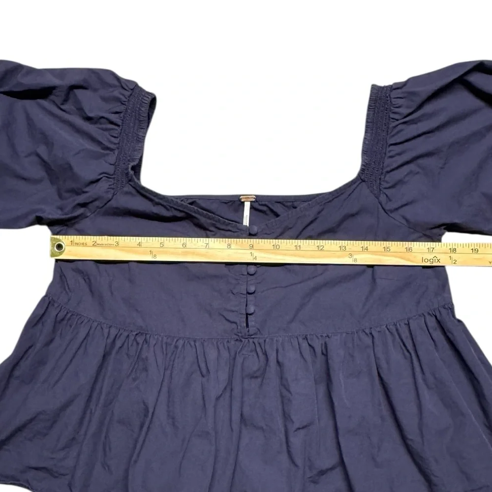 Free People Veronica Navy Blue Puff Sleeve Peplum Crop Top in Night Sky Sz Small